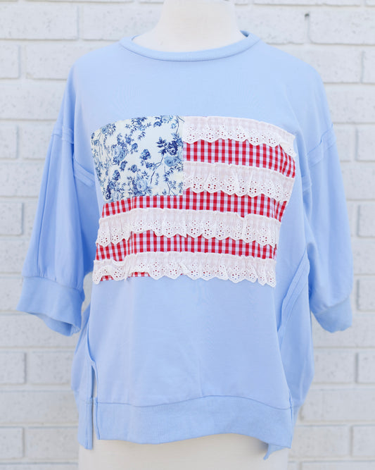 4TH OF JULY PATCHWORK OPEN SEAM DETAIL FRENCH TERRY TOP