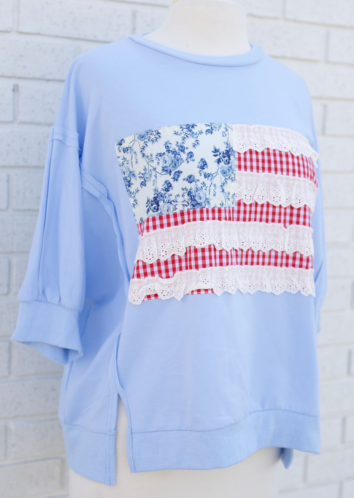4TH OF JULY PATCHWORK OPEN SEAM DETAIL FRENCH TERRY TOP