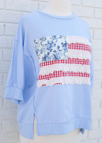 4TH OF JULY PATCHWORK OPEN SEAM DETAIL FRENCH TERRY TOP