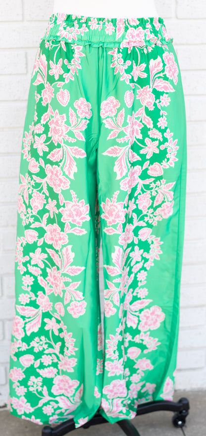 GREEN SATIN FLORAL PRINT WIDE LEG PANTS