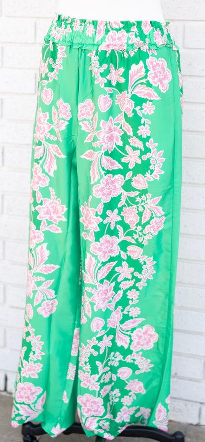 GREEN SATIN FLORAL PRINT WIDE LEG PANTS