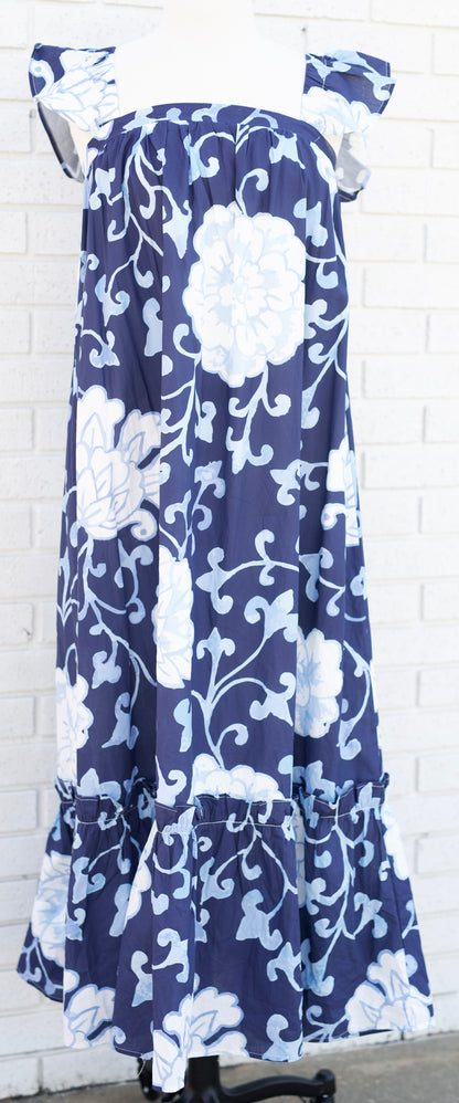 NAVY FLORAL PRINT RUFFLE SLEEVE MAXI DRESS