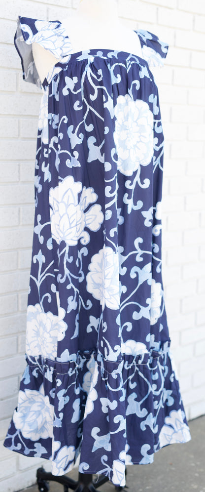 NAVY FLORAL PRINT RUFFLE SLEEVE MAXI DRESS