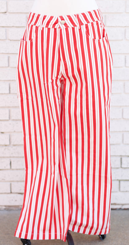 RED GAMEDAY THEME STRIPE HIGH RISE FLARE PANTS