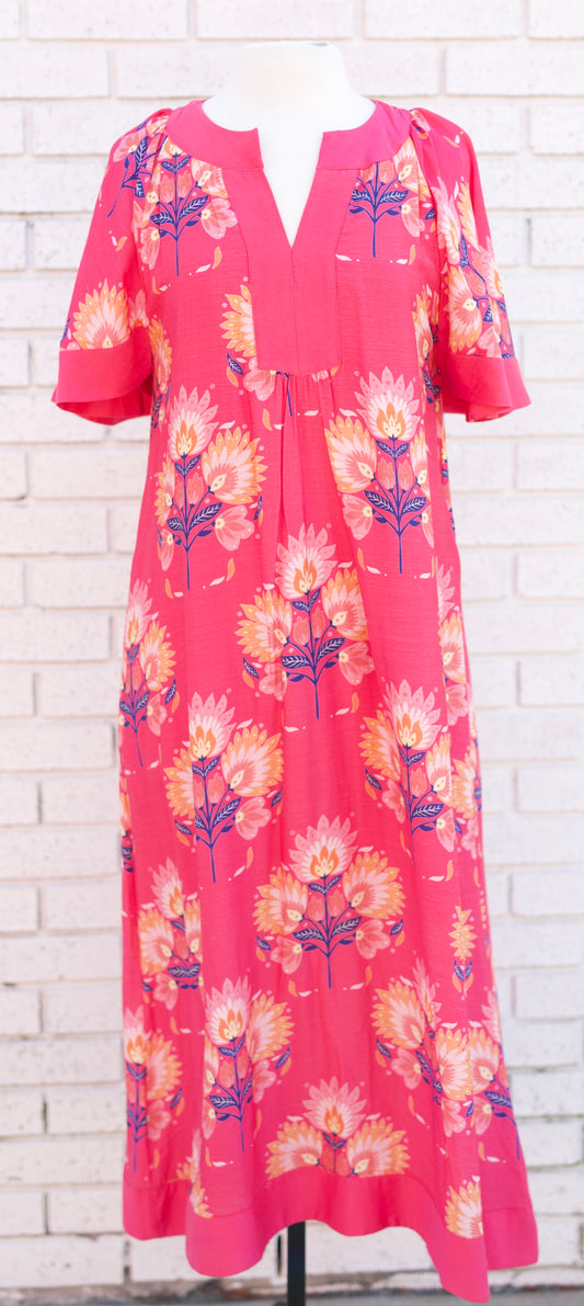 SHORT FLUTTER SLEEVE MIDI FLORAL DRESS - FUCHSIA