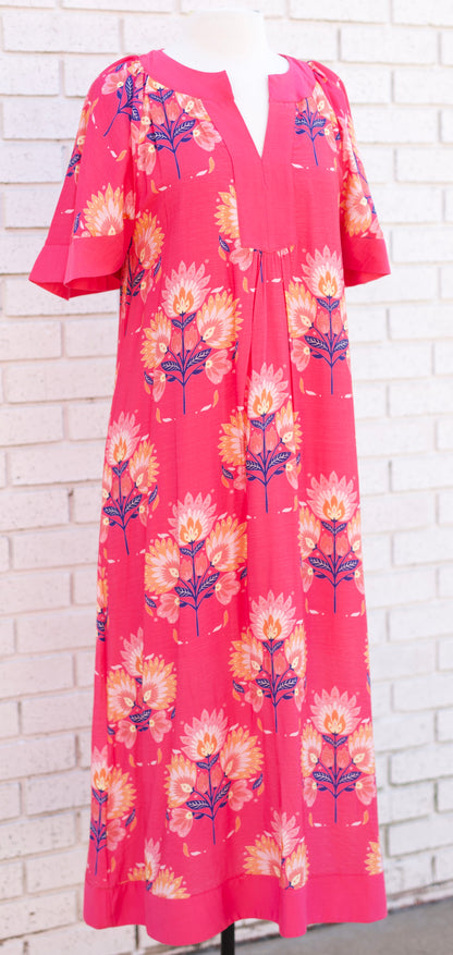 SHORT FLUTTER SLEEVE MIDI FLORAL DRESS - FUCHSIA