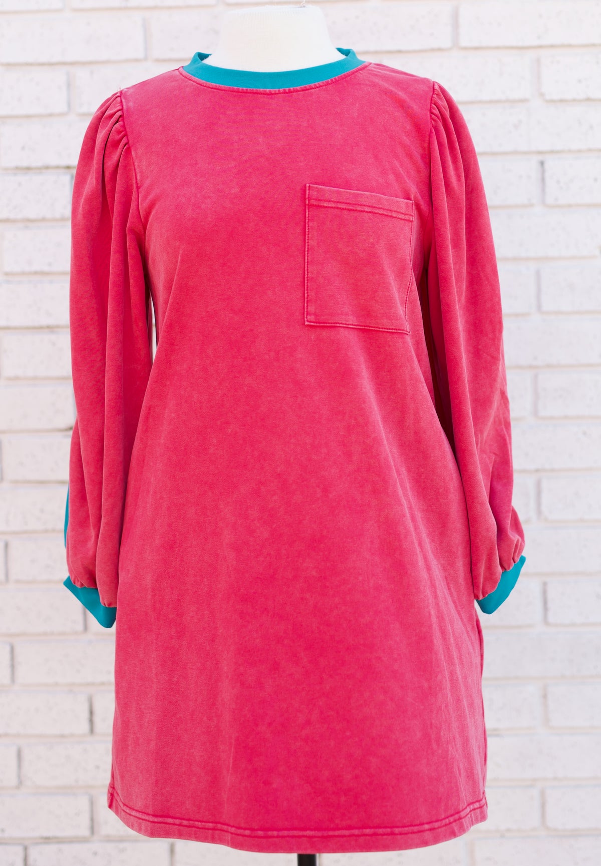 MAGENTA SWEATSHIRT DRESS W/TEAL CONTRAST DETAIL - Pharm Favorites by Economy Pharmacy