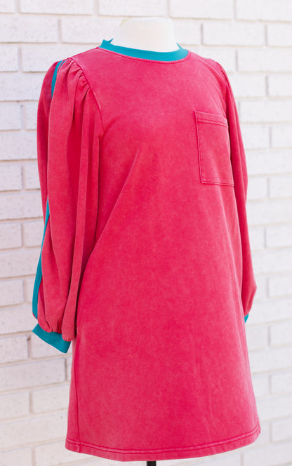MAGENTA SWEATSHIRT DRESS W/TEAL CONTRAST DETAIL - Pharm Favorites by Economy Pharmacy