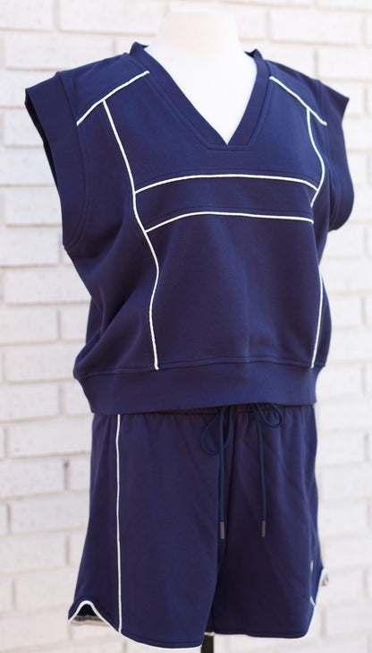 NAVY 2PC CONTRAST SHORT SET W/SLEEVELESS VNECK TOP - Pharm Favorites by Economy Pharmacy