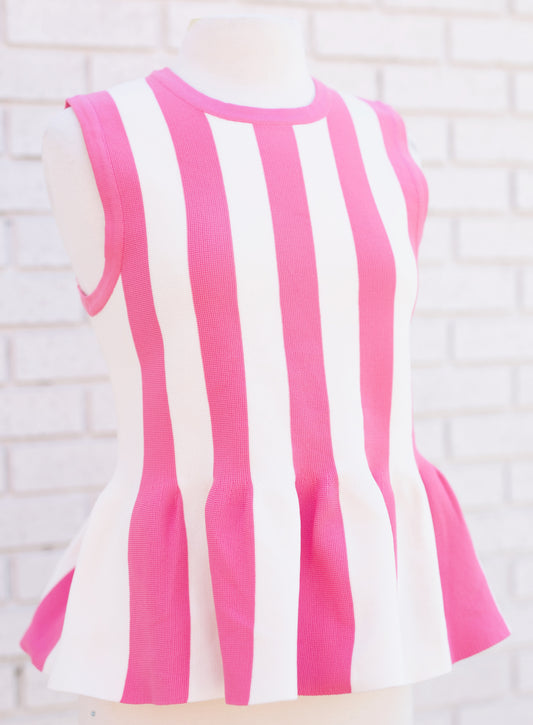 SLEEVELESS STRIPED PEPLUM KNIT TOP