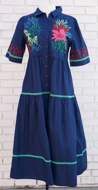 SHORT SLEEVE BUTTON DOWN TIERED MIDI DRESS - NAVY