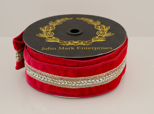 JOHN MARK RIBBON - FUSCHIA VELVET JEWELED CENTER TRIM DBL FUSED - 2.5"X10YD