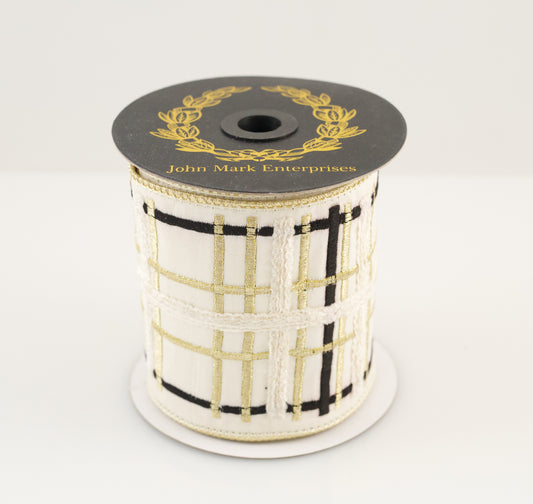 JOHN MARK RIBBON - EMBROIDERED IVORY, GOLD, BLACK PLAID DUPION FUSED GOLD METALLIC - 4"X5YD