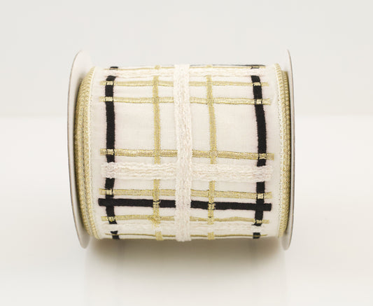 JOHN MARK RIBBON - EMBROIDERED IVORY, GOLD, BLACK PLAID DUPION FUSED GOLD METALLIC - 4"X5YD
