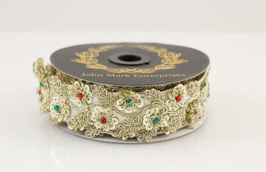 JOHN MARK RIBBON - JEWELED FLOWER/LEAF TRIM METALLIC DUPION GOLD/PLATINUM - 1"X5YD (Copy)