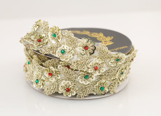 JOHN MARK RIBBON - JEWELED FLOWER/LEAF TRIM METALLIC DUPION GOLD/PLATINUM - 1"X5YD (Copy)