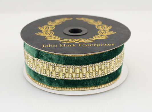 JOHN MARK RIBBON - GREEN VELVET JEWELED CENTER TRIM DBL FUSED - 1.5"X5YD