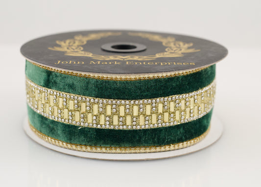 JOHN MARK RIBBON - GREEN VELVET JEWELED CENTER TRIM DBL FUSED - 1.5"X5YD