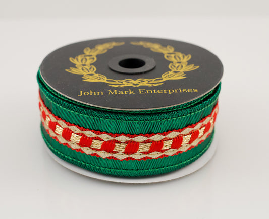 JOHN MARK RIBBON - RED TRIM METALLIC DUPION GREEN - 1.5"X5YD