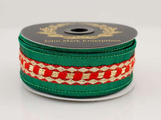 JOHN MARK RIBBON - RED TRIM METALLIC DUPION GREEN - 1.5"X5YD