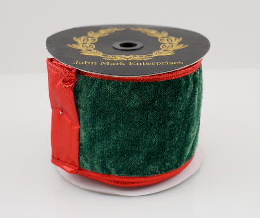 JOHN MARK RIBBON - GREEN VELVET DBL FUSED METALLIC  DUPION RED PIPING - 4"X10YD