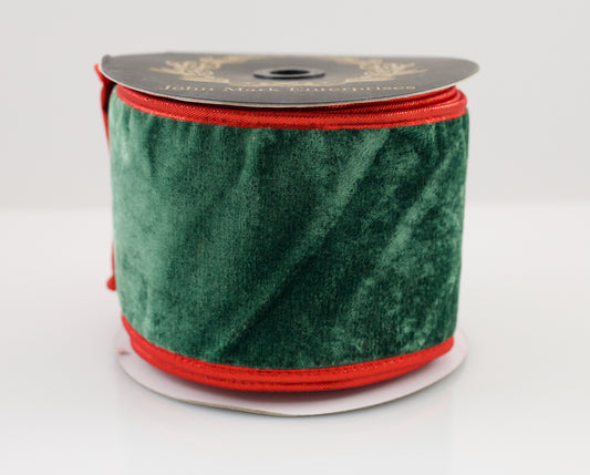JOHN MARK RIBBON - GREEN VELVET DBL FUSED METALLIC  DUPION RED PIPING - 4"X10YD