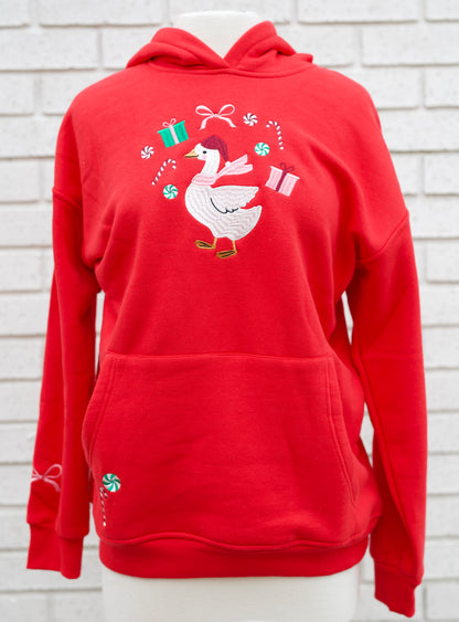 RED EMBROIDERED HOODIE - CHRISTMAS GOOSE
