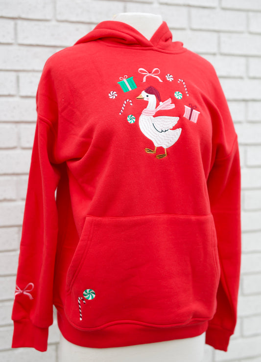 RED EMBROIDERED HOODIE - CHRISTMAS GOOSE