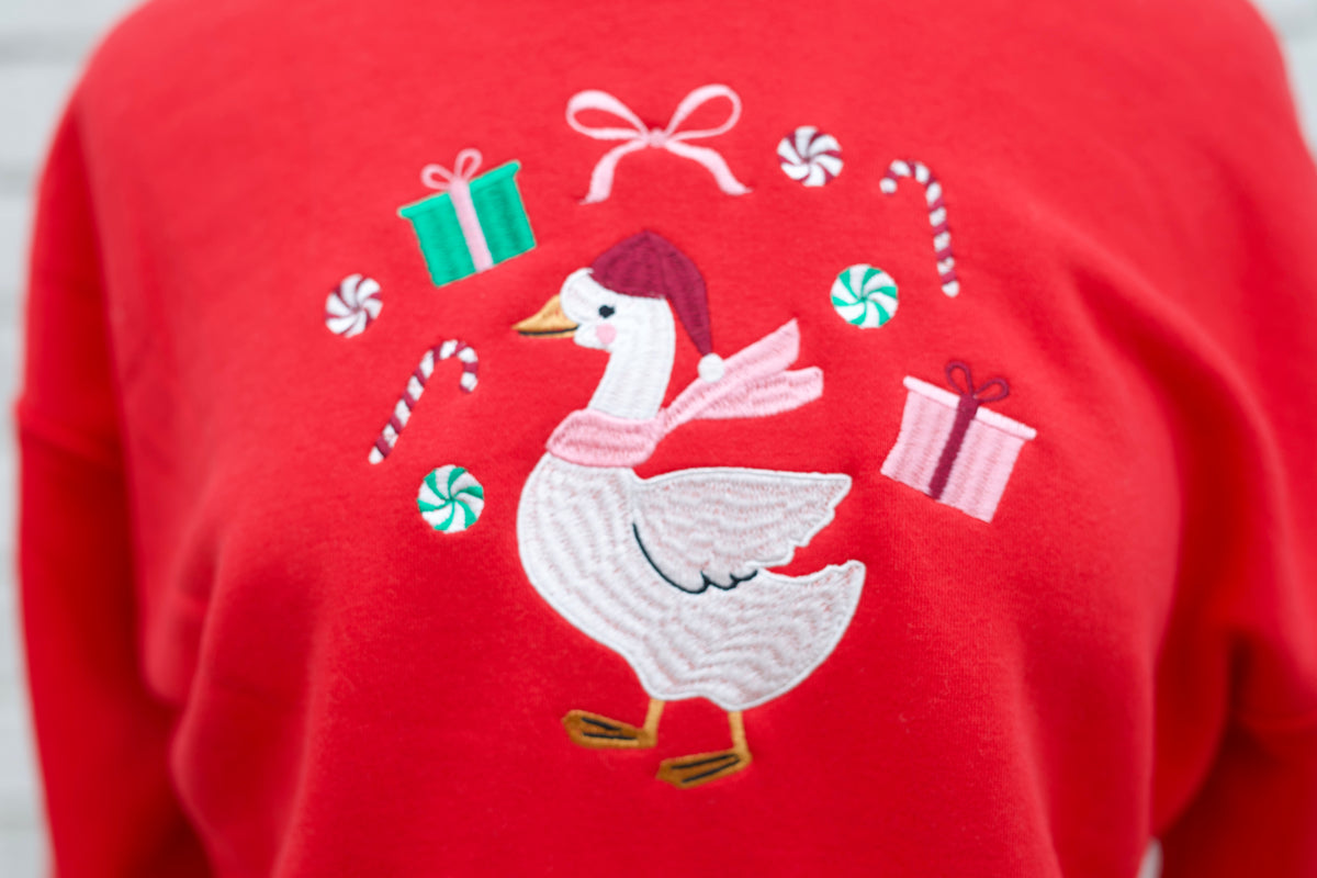 RED EMBROIDERED HOODIE - CHRISTMAS GOOSE