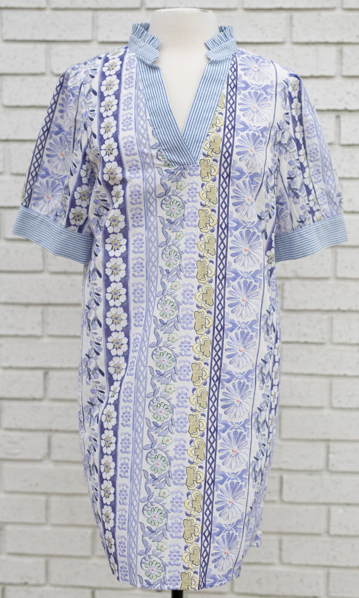 BLUE STRIPED BAND DETAILED FLORAL PRINT EMBROIDERED DRESS