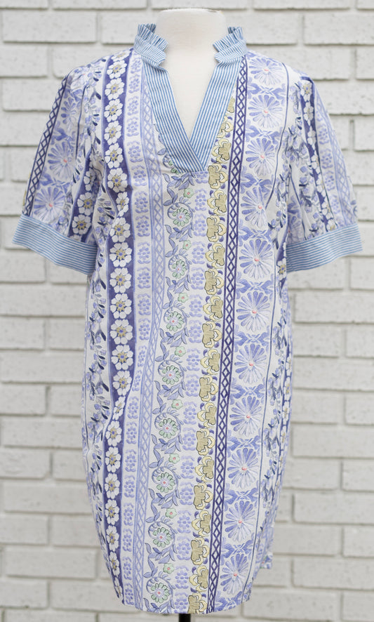 BLUE STRIPED BAND DETAILED FLORAL PRINT EMBROIDERED DRESS