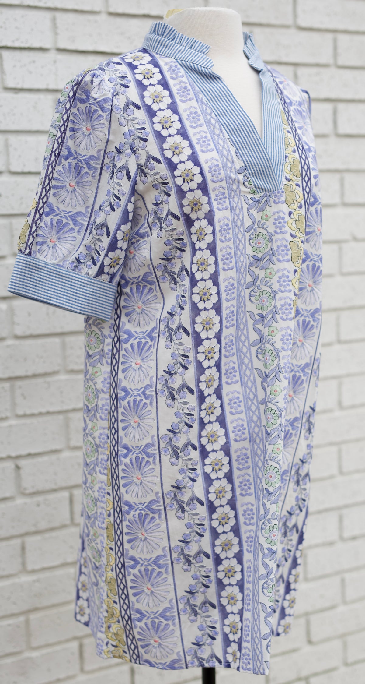 BLUE STRIPED BAND DETAILED FLORAL PRINT EMBROIDERED DRESS