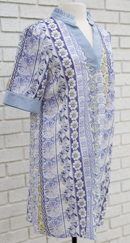 BLUE STRIPED BAND DETAILED FLORAL PRINT EMBROIDERED DRESS