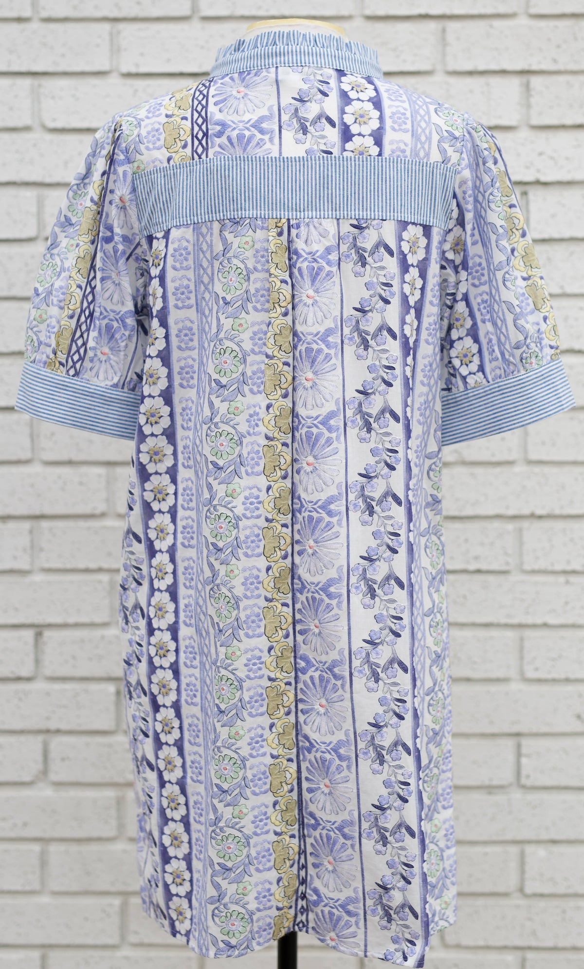 BLUE STRIPED BAND DETAILED FLORAL PRINT EMBROIDERED DRESS