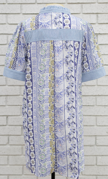 BLUE STRIPED BAND DETAILED FLORAL PRINT EMBROIDERED DRESS