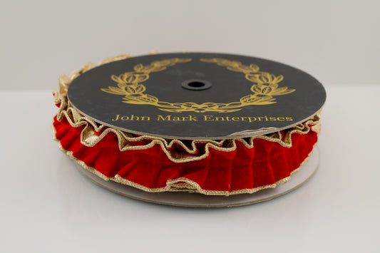 JOHN MARK RIBBON - RED VELVET PLEATED METALLIC DUPION DBL FUSED - 1.5"X10YD