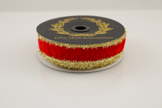 JOHN MARK RIBBON - VELVET METALLIC DUPION DBL FUSED TINSEL EDGE RED - 1"X10YD