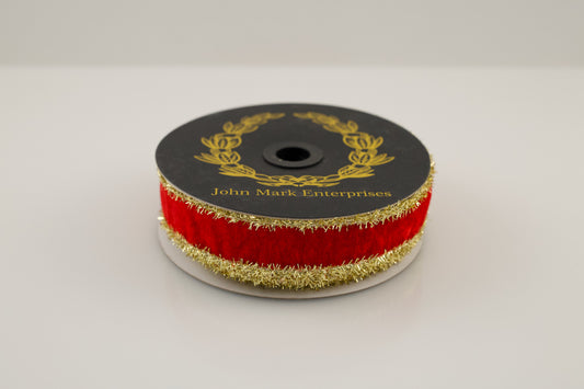 JOHN MARK RIBBON - VELVET METALLIC DUPION DBL FUSED TINSEL EDGE RED - 1"X10YD