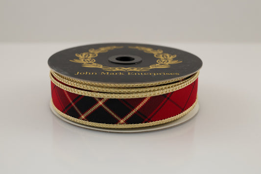 JOHN MARK RIBBON - BURGUNDY PLAID DBL FUSED METALLIC GOLD - 1"X10YD