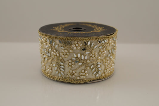 JOHN MARK RIBBON - JEWELED PEARL MIRROR TRIM GOLD/PLATINUM - 2.5"X10YD