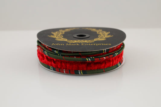 JOHN MARK RIBBON - RED VELVET METALLIC DUPION PLAID PIPING - 1"X10YD