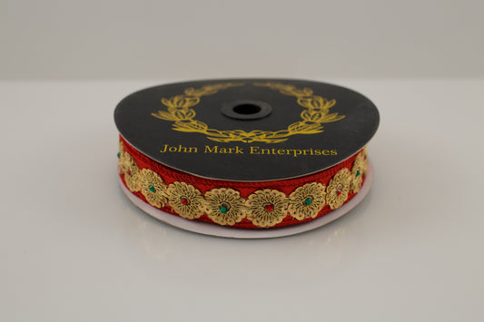 JOHN MARK RIBBON - SEQUIN/JEWEL TRIM OVERLAY METALLIC DUPION RED - 1"X10YD
