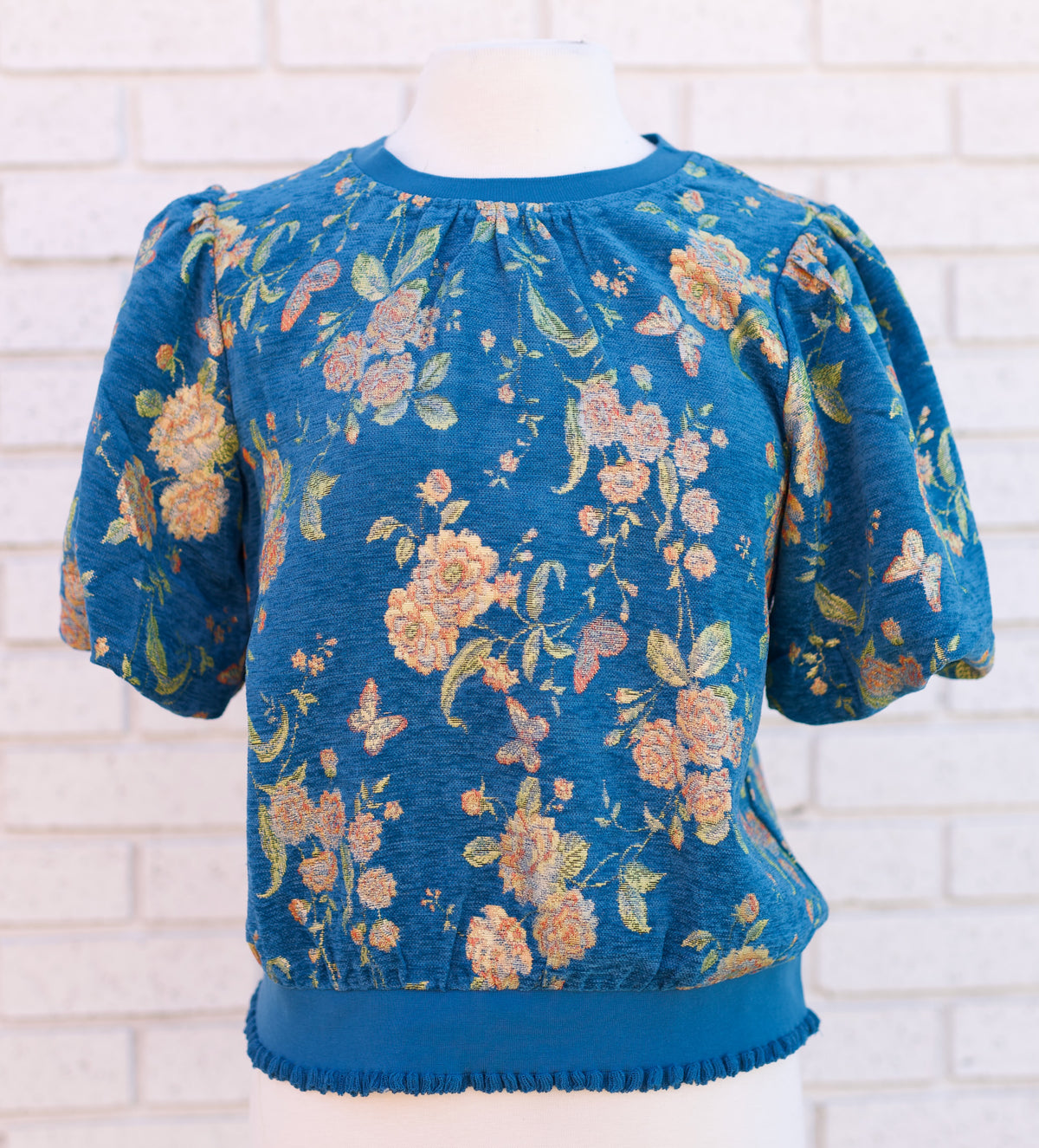 RIB BAND DETAIL ROUND NECK FLORAL JACQUARD TOP - BLUE