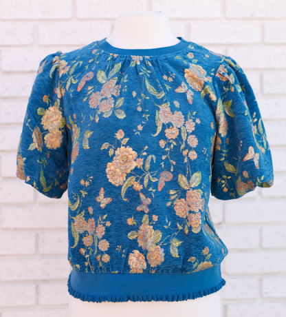 RIB BAND DETAIL ROUND NECK FLORAL JACQUARD TOP - BLUE