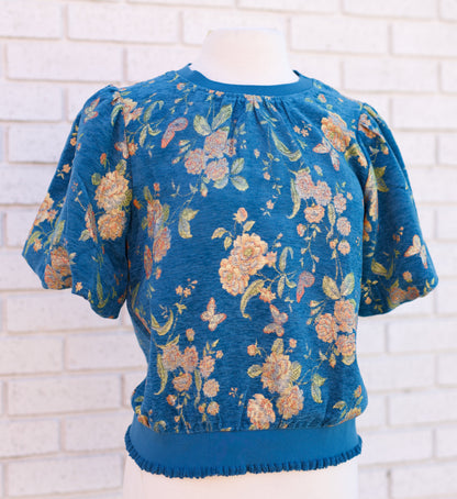 RIB BAND DETAIL ROUND NECK FLORAL JACQUARD TOP - BLUE