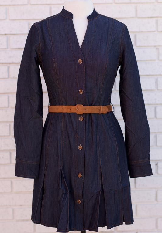 DARK DENIM MINI DRESS WITH FAUX SUEDE BELT