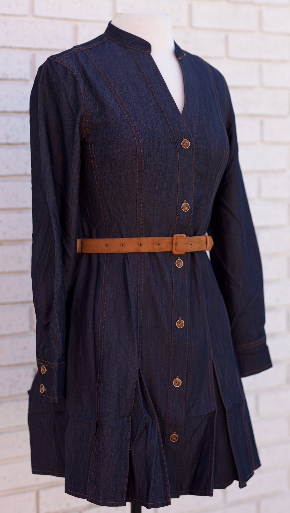 DARK DENIM MINI DRESS WITH FAUX SUEDE BELT