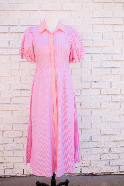 PINK STRIPE PRINT PUFF SLEEVE MIDI DRESS