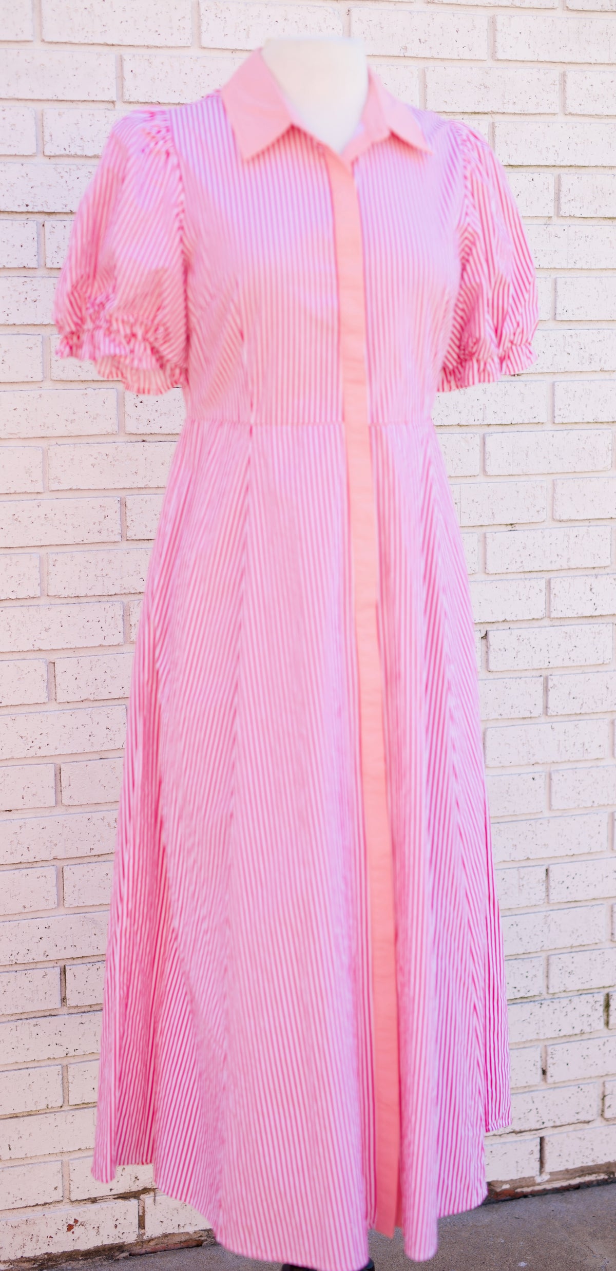 PINK STRIPE PRINT PUFF SLEEVE MIDI DRESS