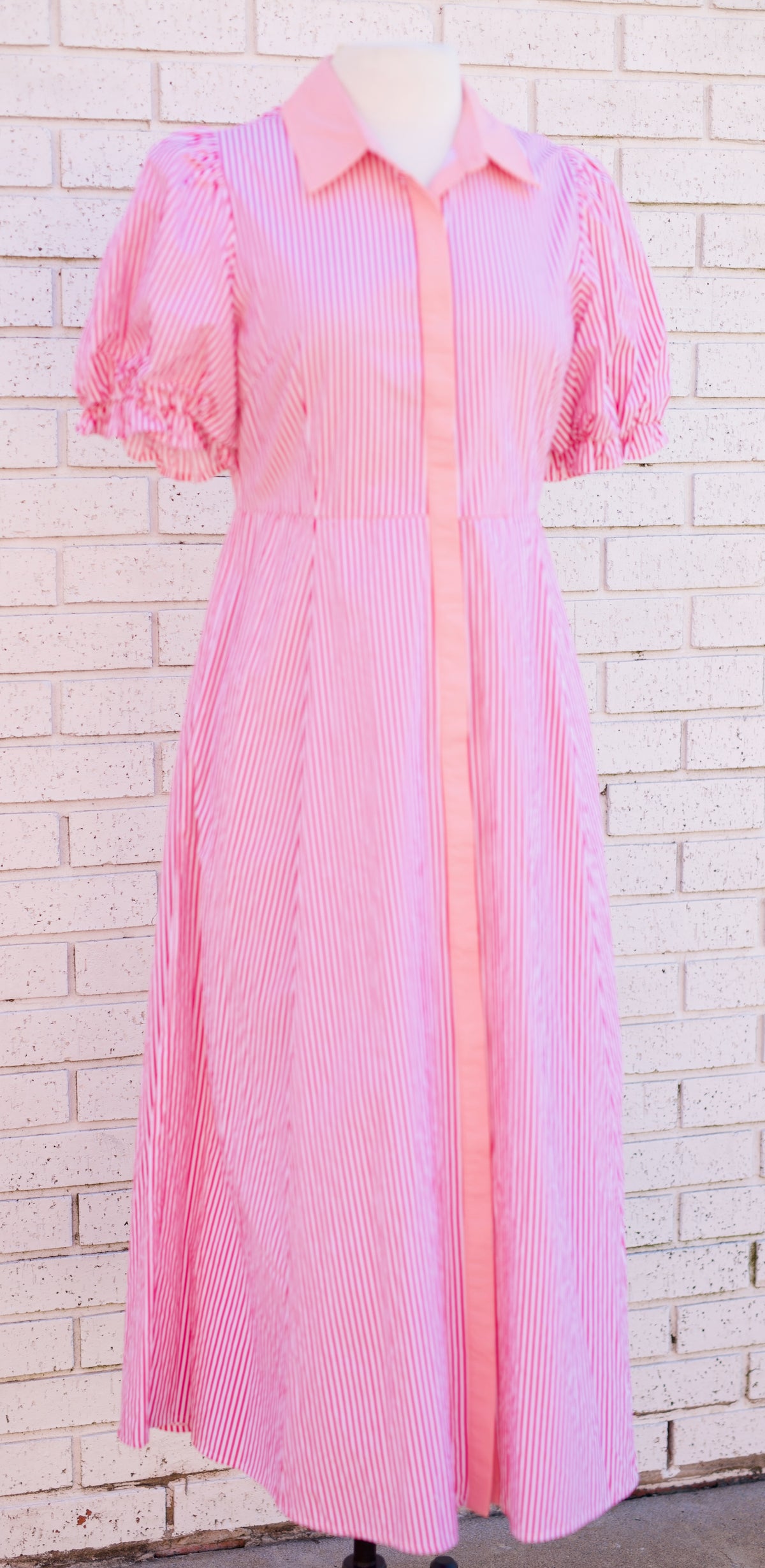 PINK STRIPE PRINT PUFF SLEEVE MIDI DRESS